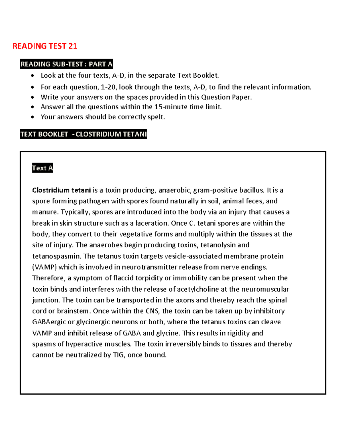 Clostridium Tetani - English practice materials - READING TEST 21 ...