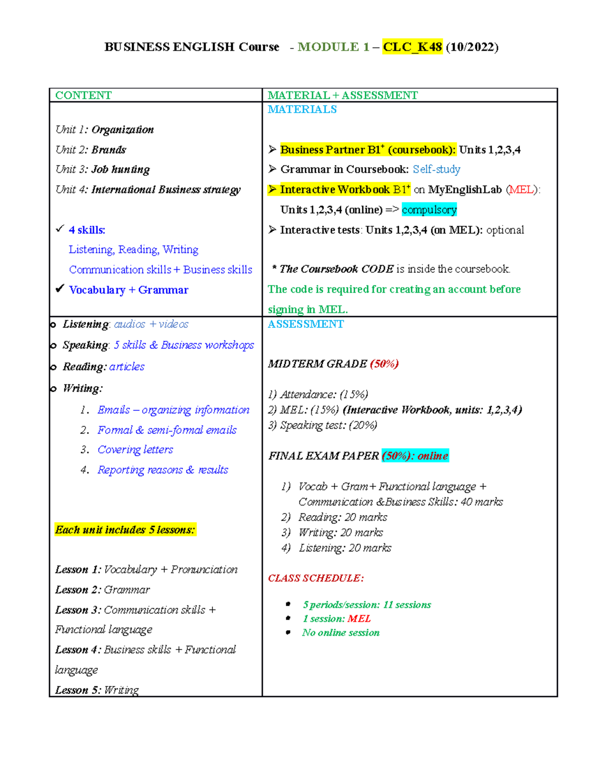 Course Outline BP B1+ M1 CLC K48 New - BUSINESS ENGLISH Course - MODULE ...