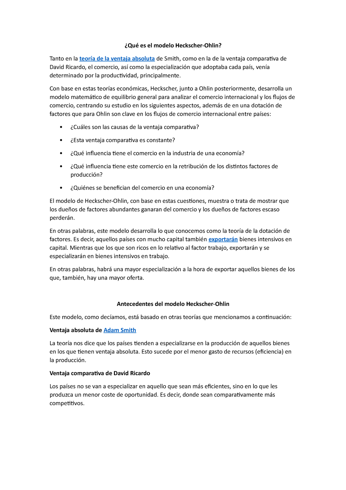 Qué es el modelo Heckscher - ¿Qué es el modelo Heckscher-Ohlin? Tanto en la  teoría de la ventaja - Studocu