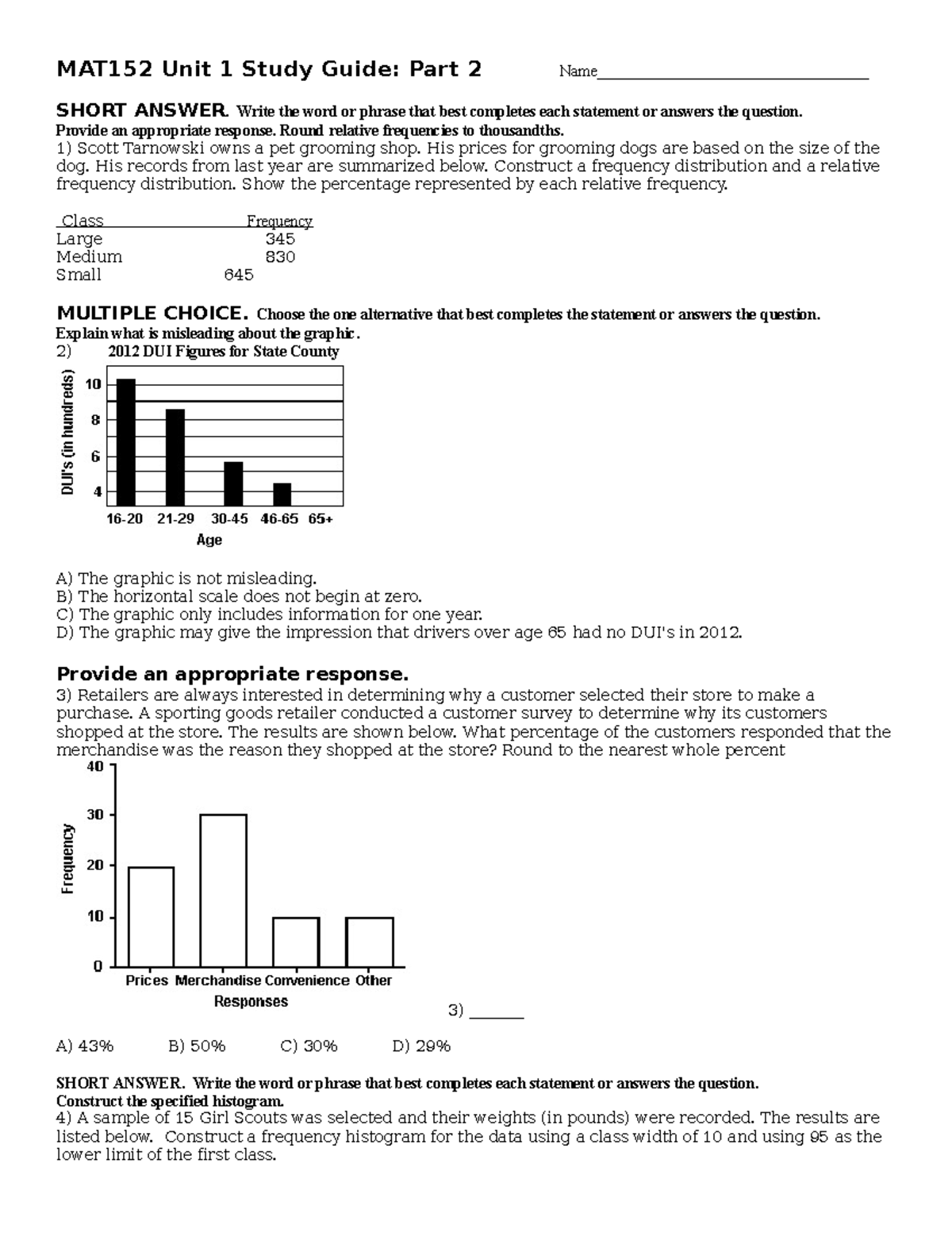 MAT152 Test 1 SG Part 2 ADA(2) - MAT152 Unit 1 Study Guide: Part 2 ...