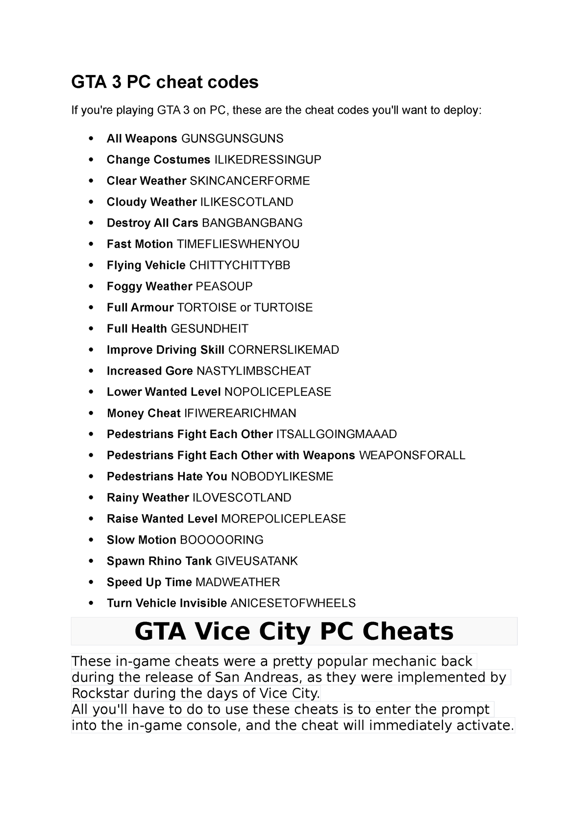 GTA 3 Cheat Codes for PC - GameNGadgets