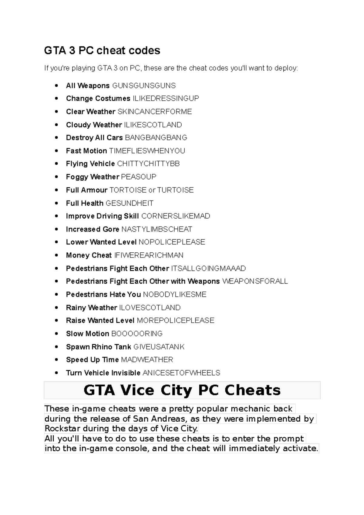 GTA 3 Cheat Codes for PC - GameNGadgets