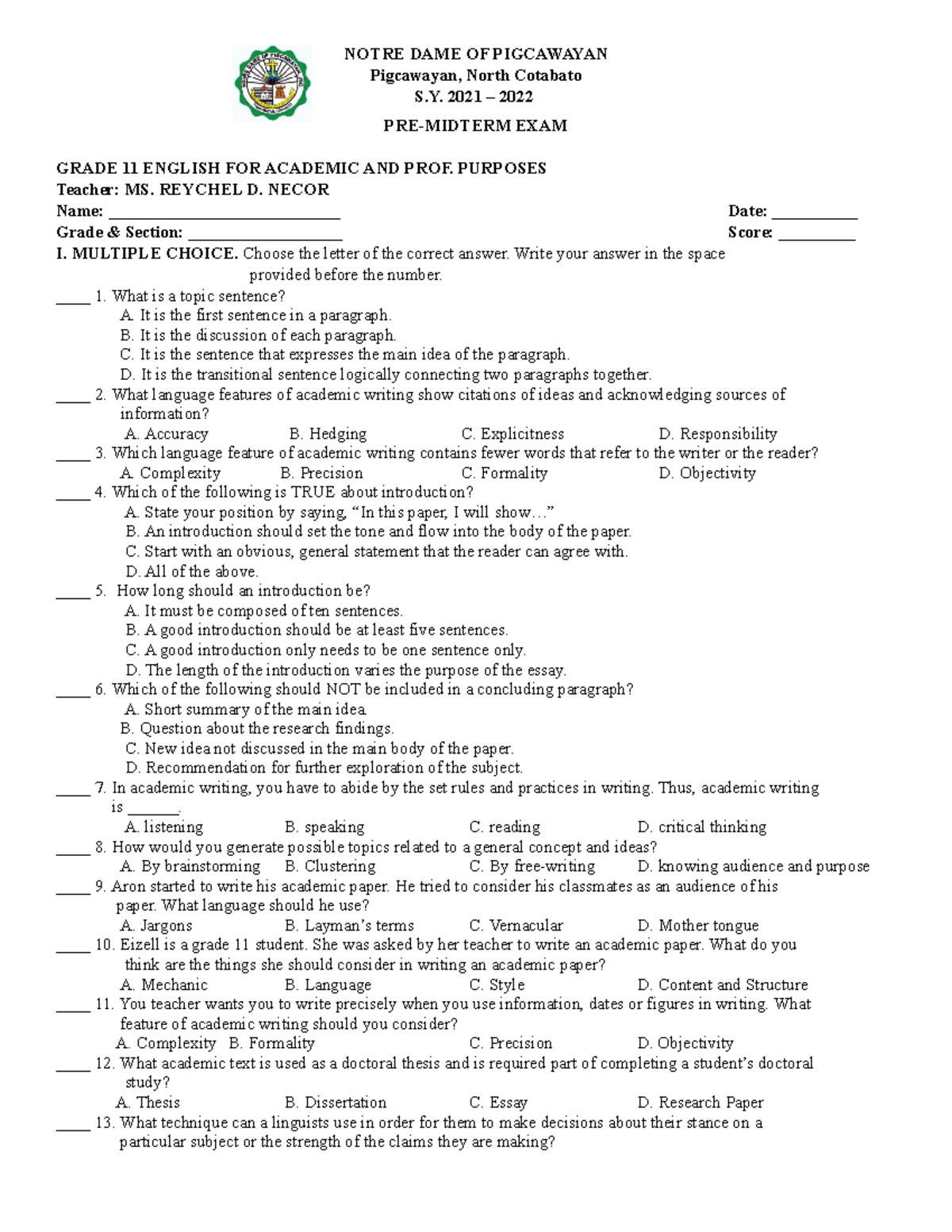 PRE Midterm EXAM FOR EAPP Copy Dfewfescsefew - NOTRE DAME OF PIGCAWAYAN ...