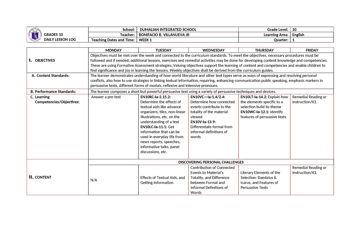 358498947 DLL G10 First Quarter - GRADES 10 DAILY LESSON LOG School ...