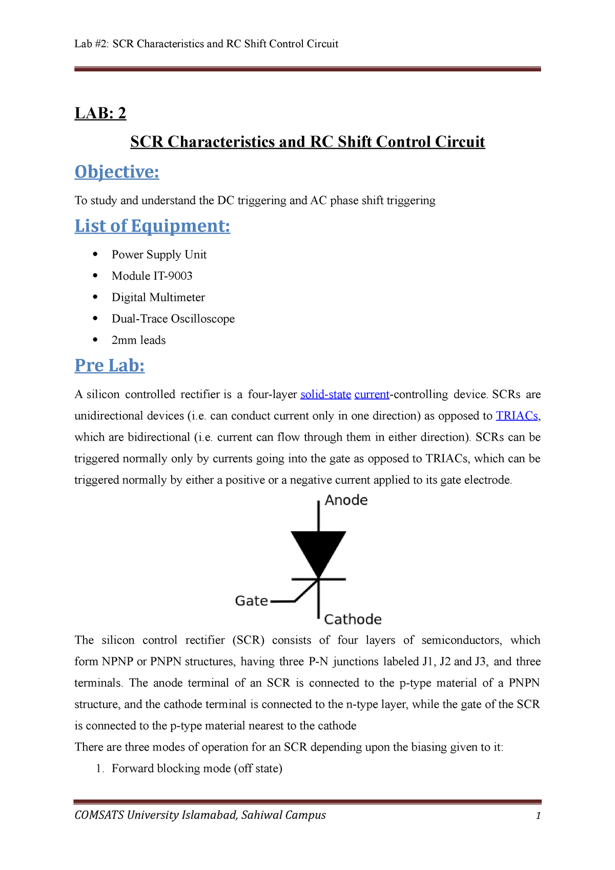 scr characteristics experiment