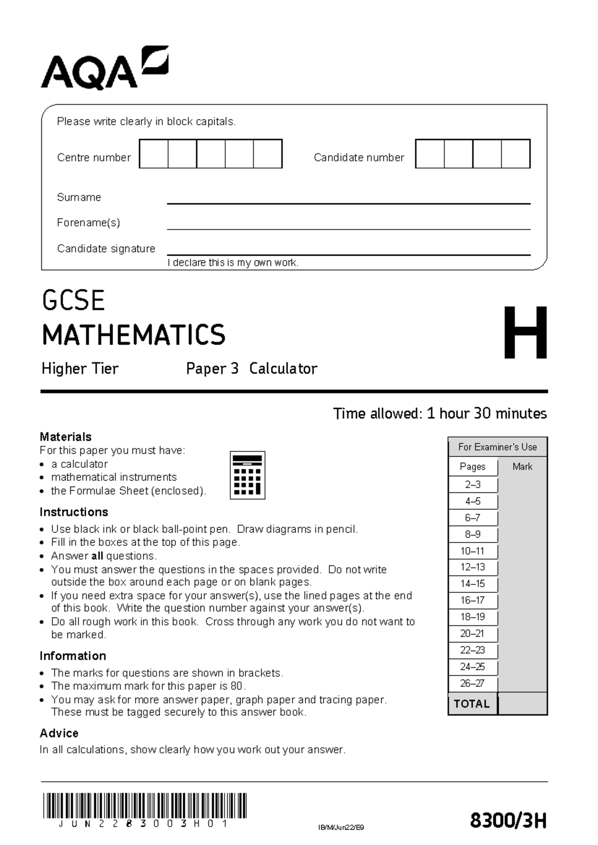 AQA GCSE Maths Higher Paper 3 June 2022 - jun2283003H01 IB/M/Jun22/E9 ...