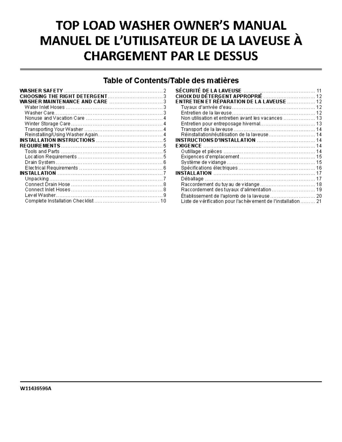 Owners manual w11436596 reva W11436596A TOP LOAD WASHER OWNER’S