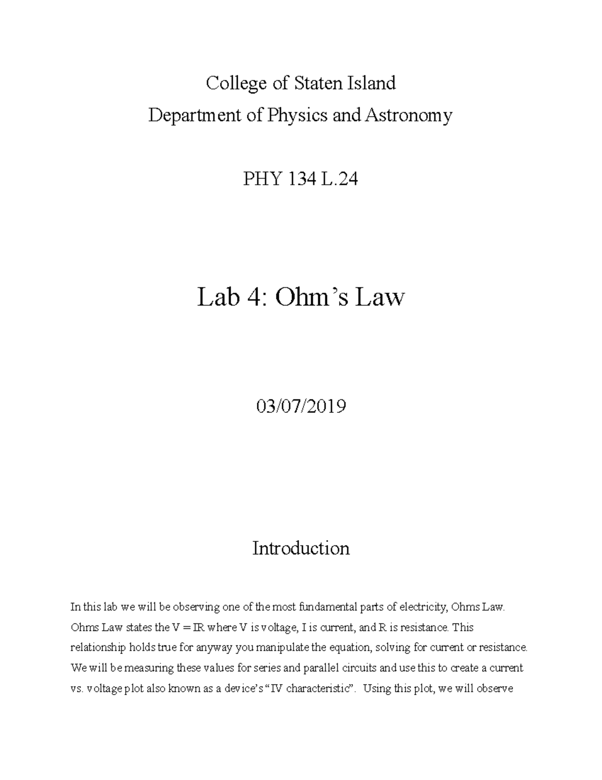 Phy 134 lab 4 - ohms law lab 4 - College of Staten Island Department of ...