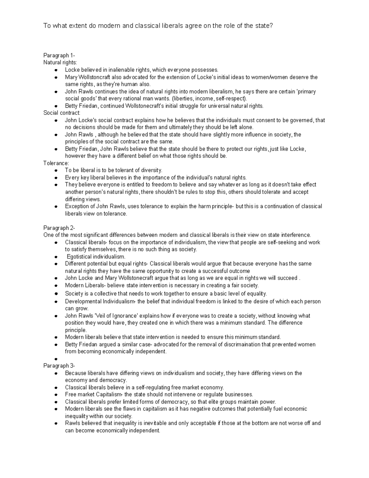 Liberalism- Role Of The State Essay Plan - To What Extent Do Modern And 