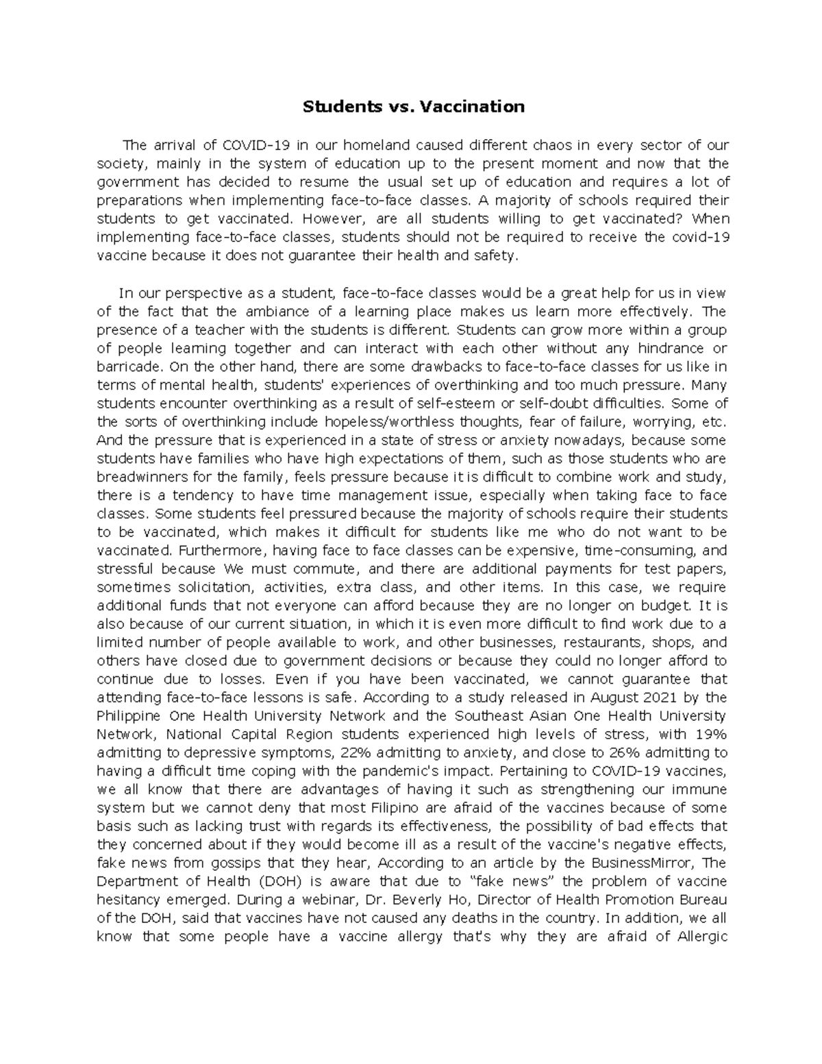 Position Paper (Musa and Baldoz) - Students vs. Vaccination The arrival ...