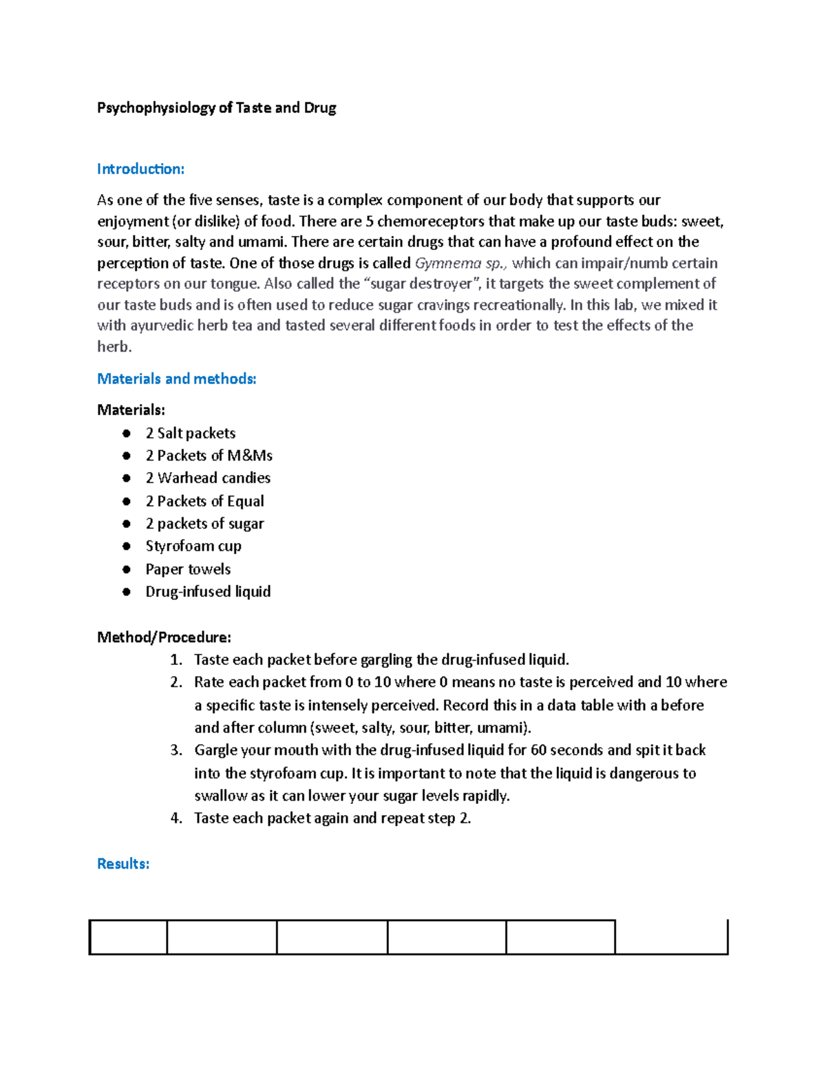 Lab Report 5 - Psychophysiology of Taste and Drug Introduction: As one ...