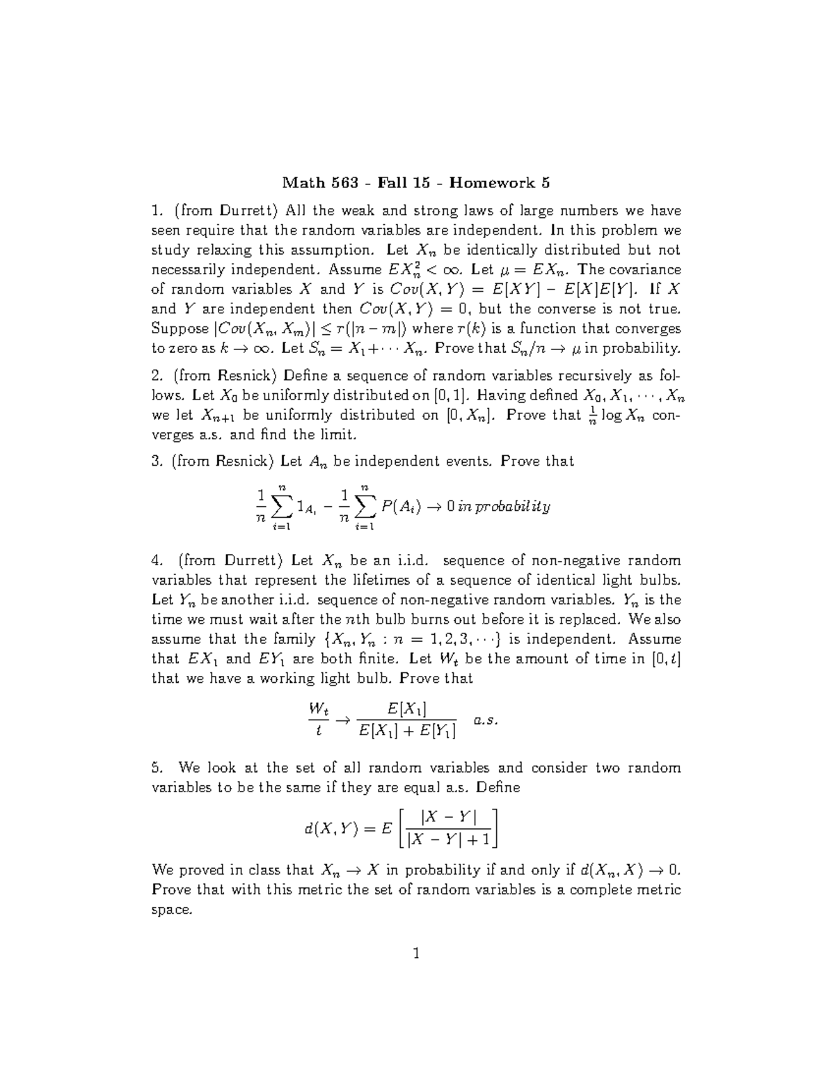 Hmwk5 - Homework assignment 5 - Math 563 Fall 15 Homework 5 1. (from ...