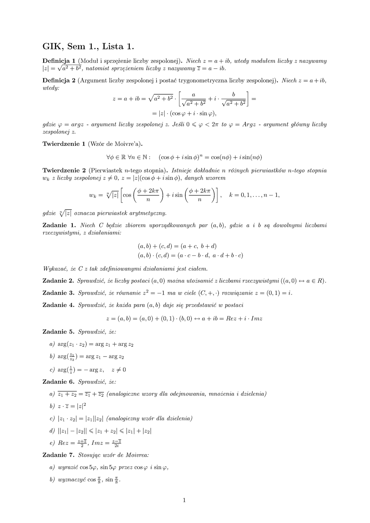 Lista 1 - Analiza Matematyczna - GIK, Sem 1., Lista 1. Definicja 1 ...