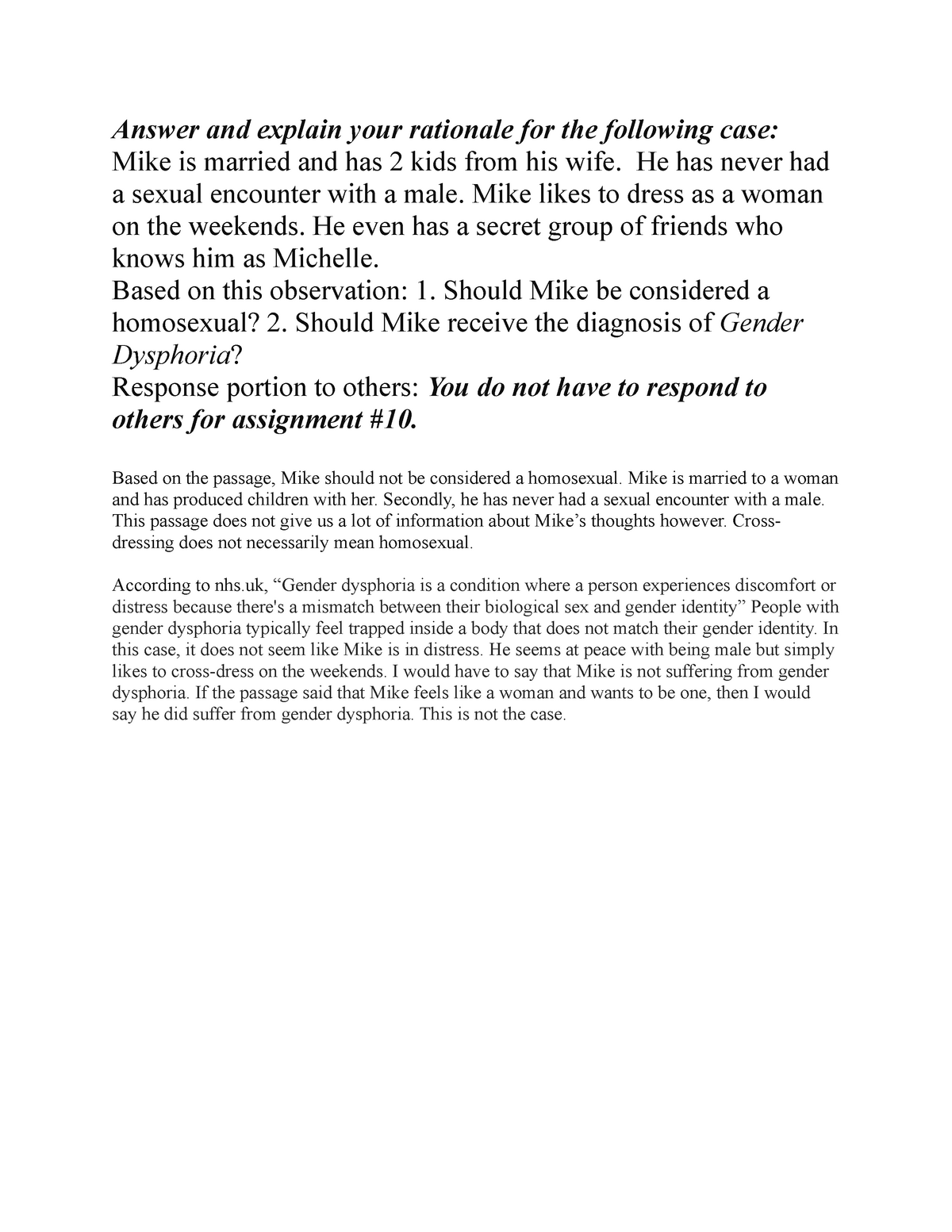 Week 10 Sex And Gender Answer And Explain Your Rationale For The Following Case Mike Is 6544