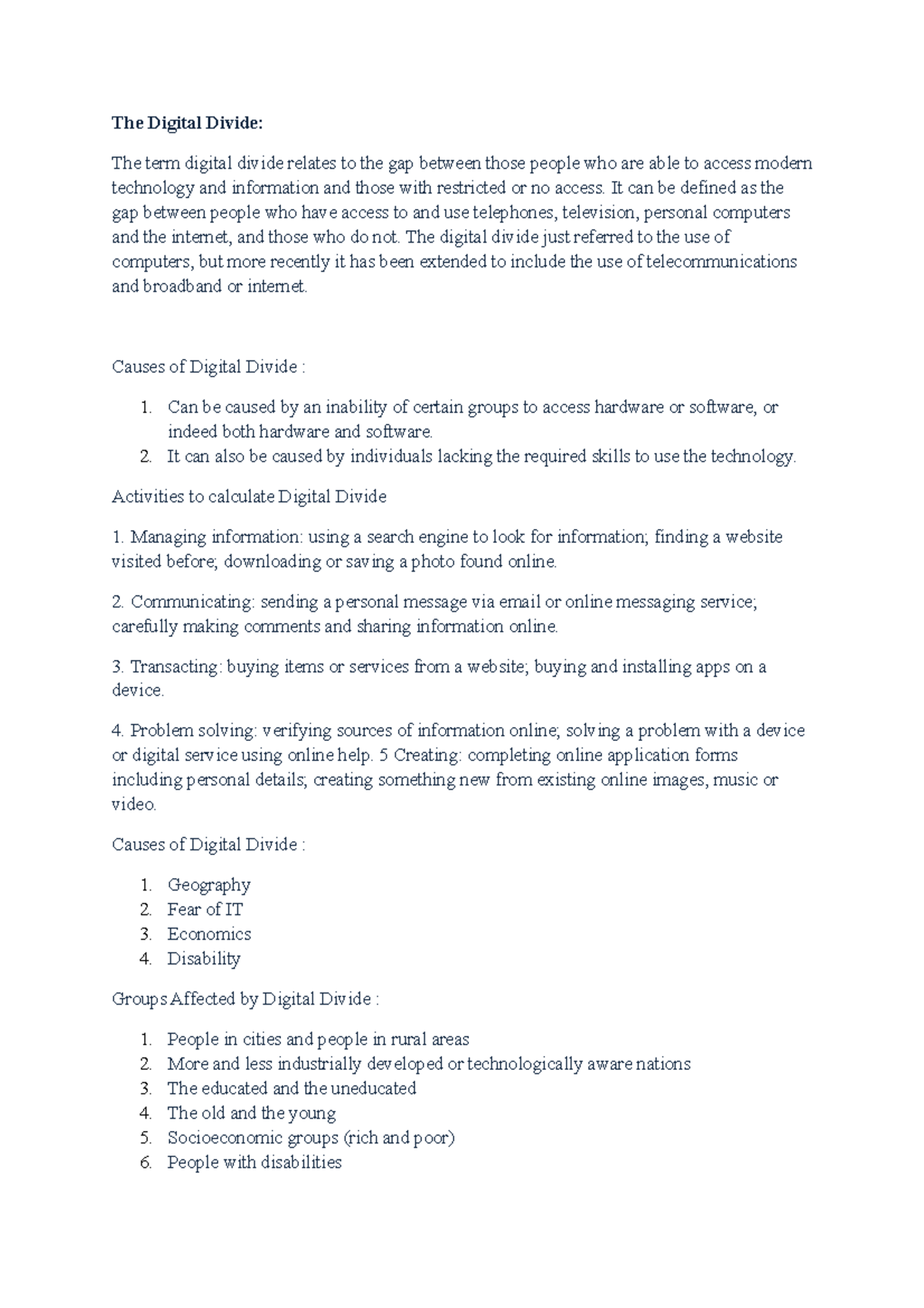 Digitaldivide Digital Divide Notes The Digital Divide The term digital divide relates to