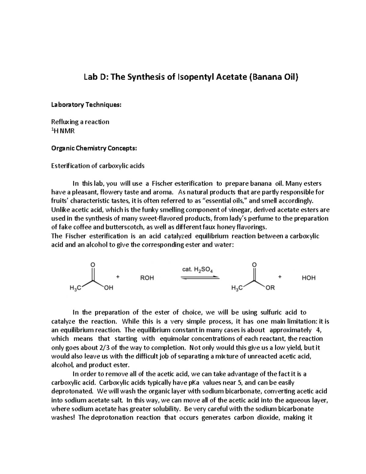 Lab D Banana Oil Lab D The Synthesis of Isopentyl Acetate (Banana