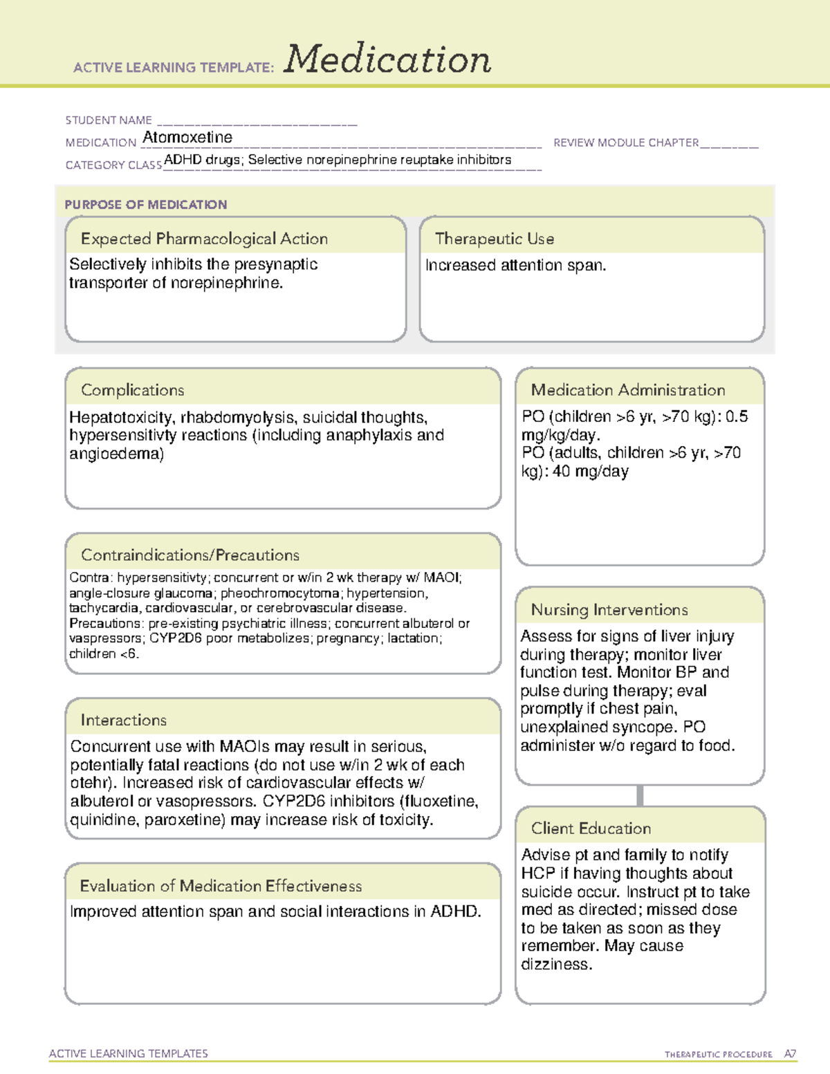 ATI Medication Atomoxetine - ACTIVE LEARNING TEMPLATES THERAPEUTIC ...