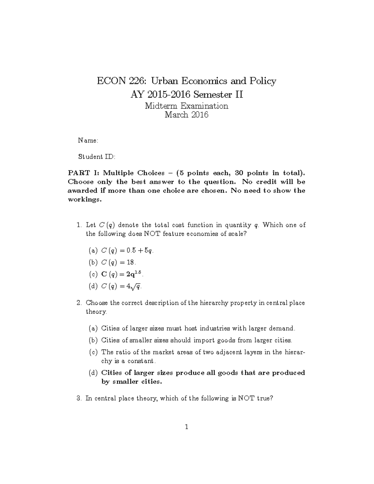 Midterm exam 2016 - ECON 226: Urban Economics and Policy AY 2015-2016 ...