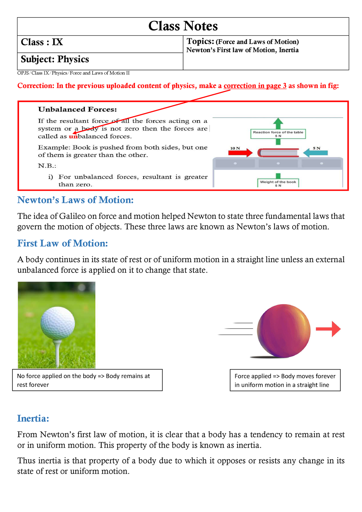 9- Physics - Class Notes Class : IX Topics: (Force And Laws Of Motion ...