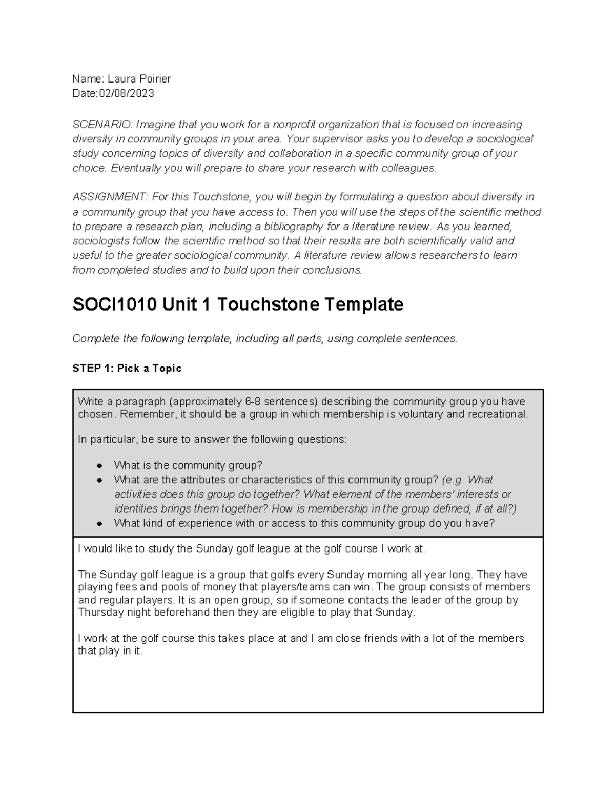 SOCI1010 Touchstone 1 Template - Name: Laura Poirier Date:02/08 ...