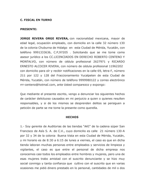 Formato DE Denuncia Penal - C. FISCAL EN TURNO PRESENTE: JORGE RIVERA ORGE  RIVERA, con nacionalidad - Studocu