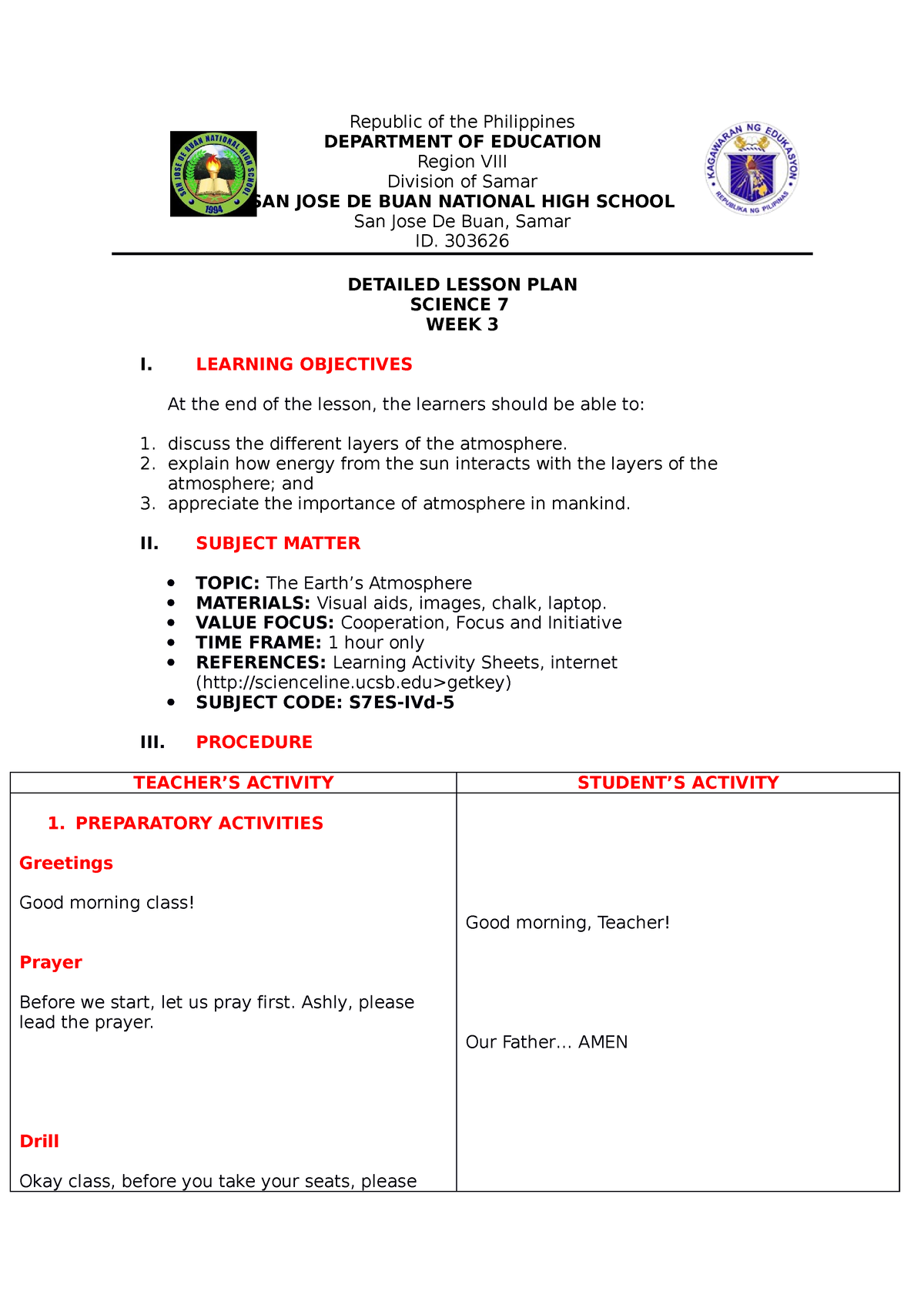 Earth'S Atmosphere ( Science) COT LP - Republic of the Philippines ...