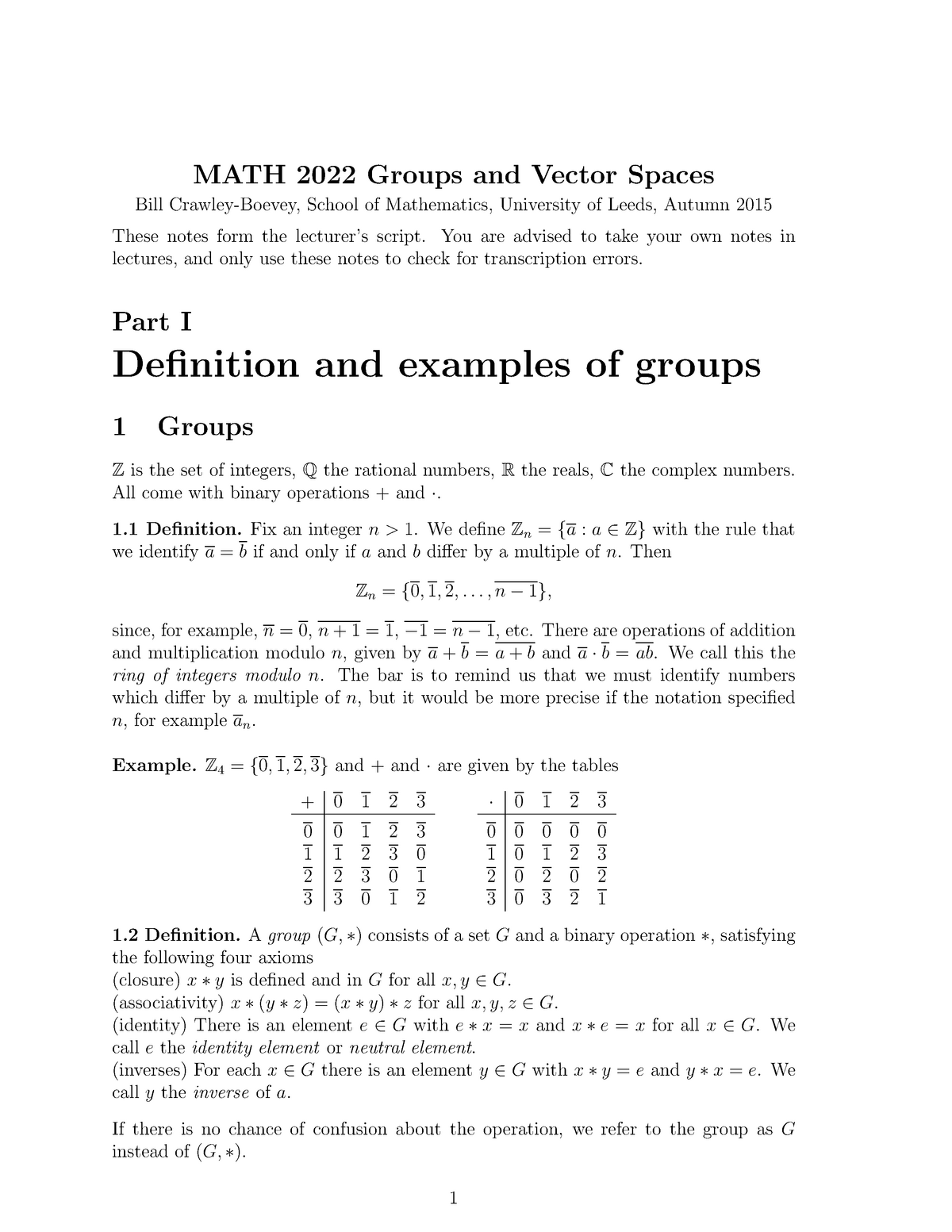 Lecture Notes Lectures 1 33 Math 22 Groups And Vector Spaces Bill School Of Studocu