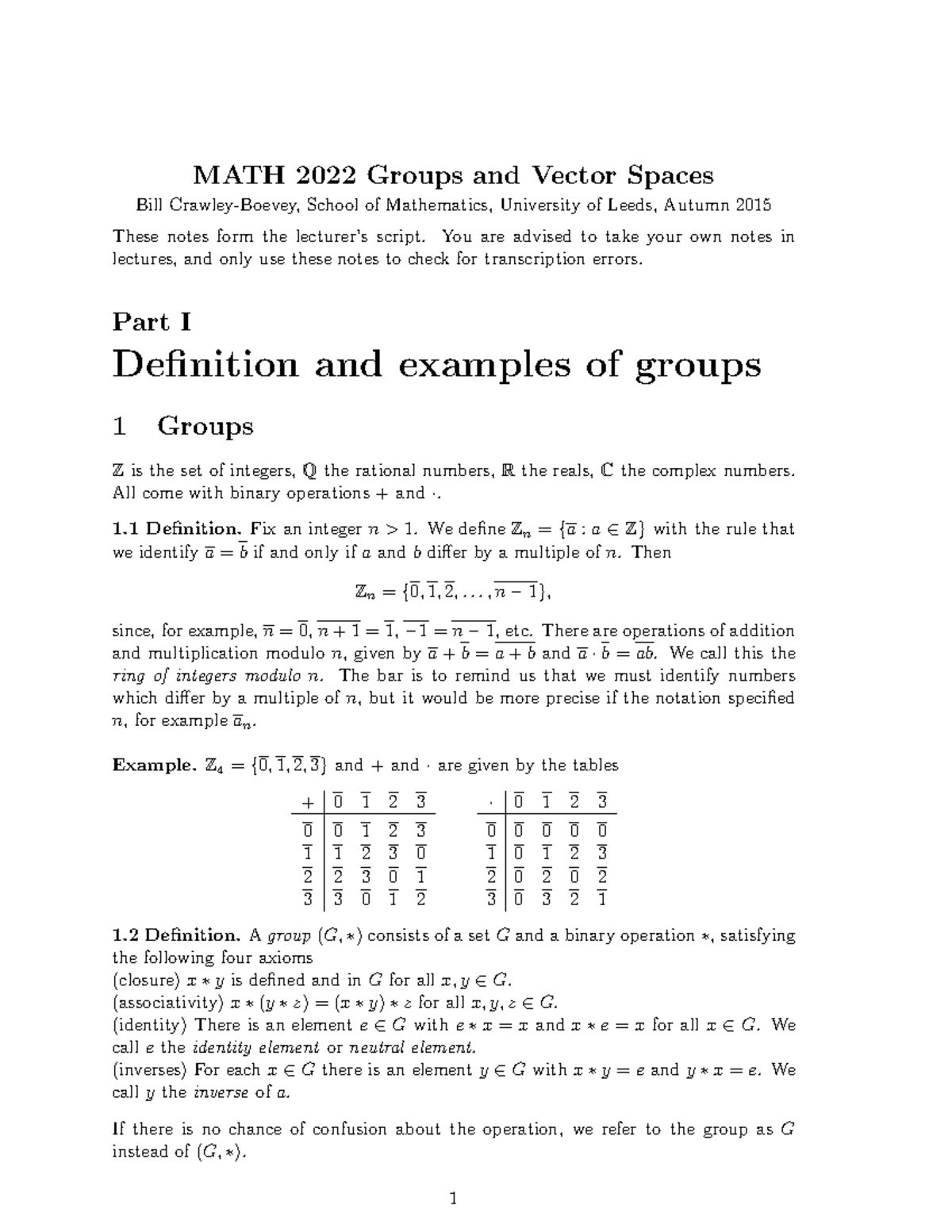 Lecture Notes Lectures 1 33 Math 22 Groups And Vector Spaces Bill School Of Studocu