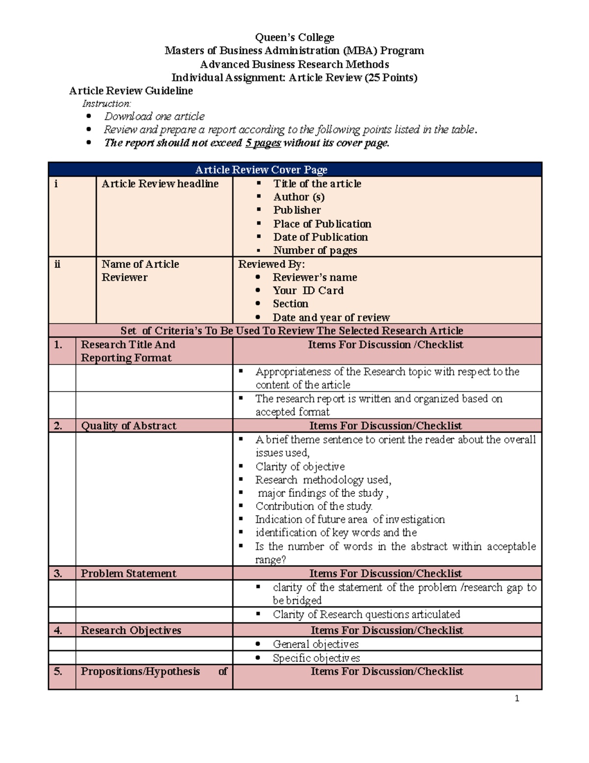 Article Review Guideline - Queen’s College Masters Of Business ...