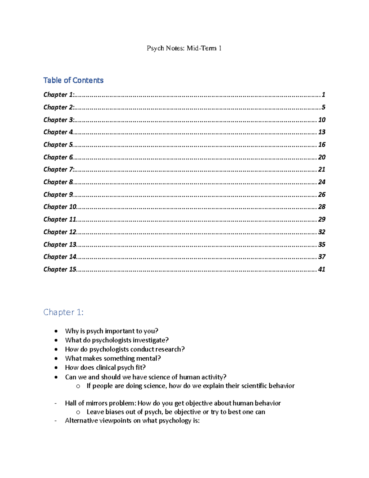 Psych Notes 1 - Psych Notes: Mid-Term 1 Table of Contents Chapter - Studocu