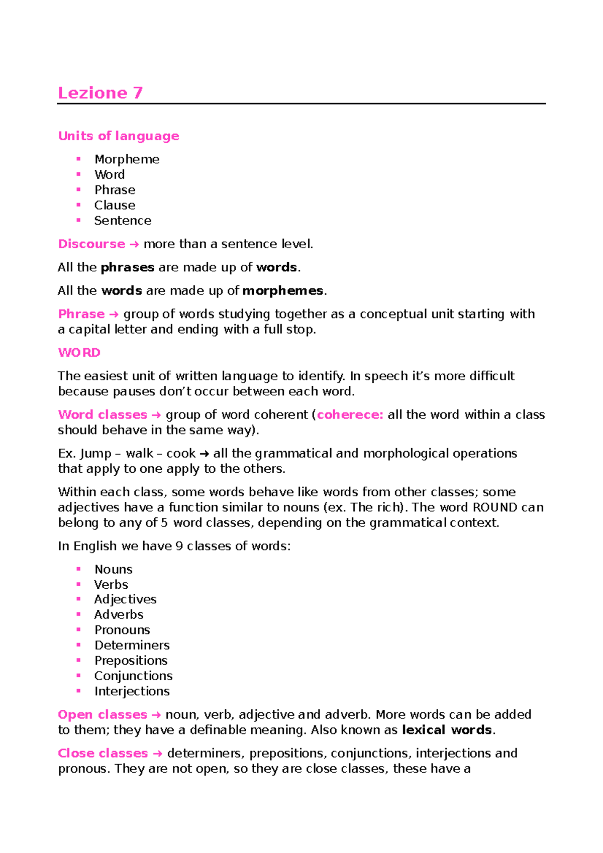 Lezione 7 inglese Lezione 7 Units of language Morpheme Word Phrase