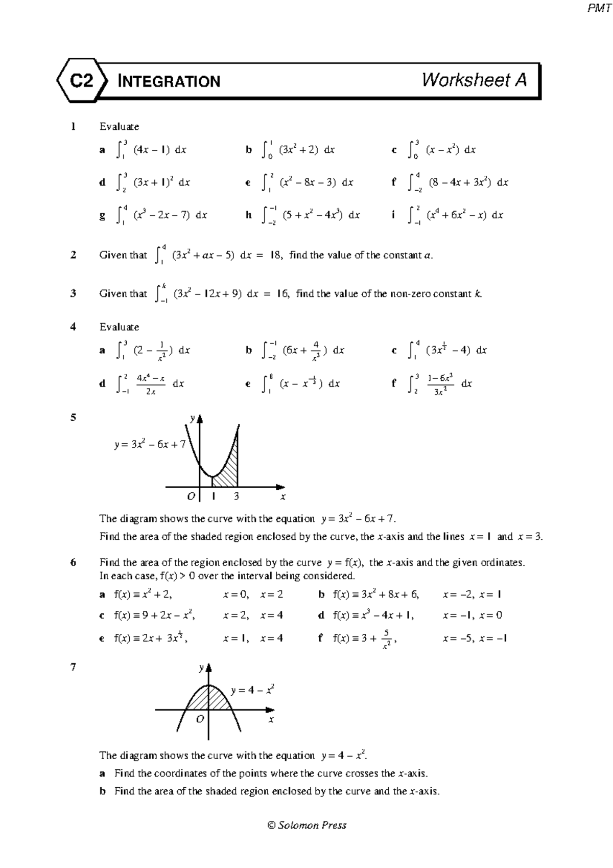 C2 Integration - Questions - INTEGRATION C2 Worksheet A 1 Evaluate a 3 ...