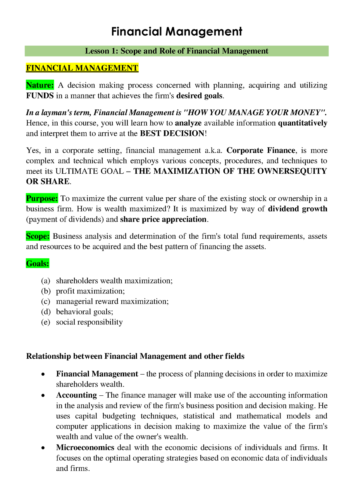 Financial-Management - Financial Management Lesson 1: Scope And Role Of ...