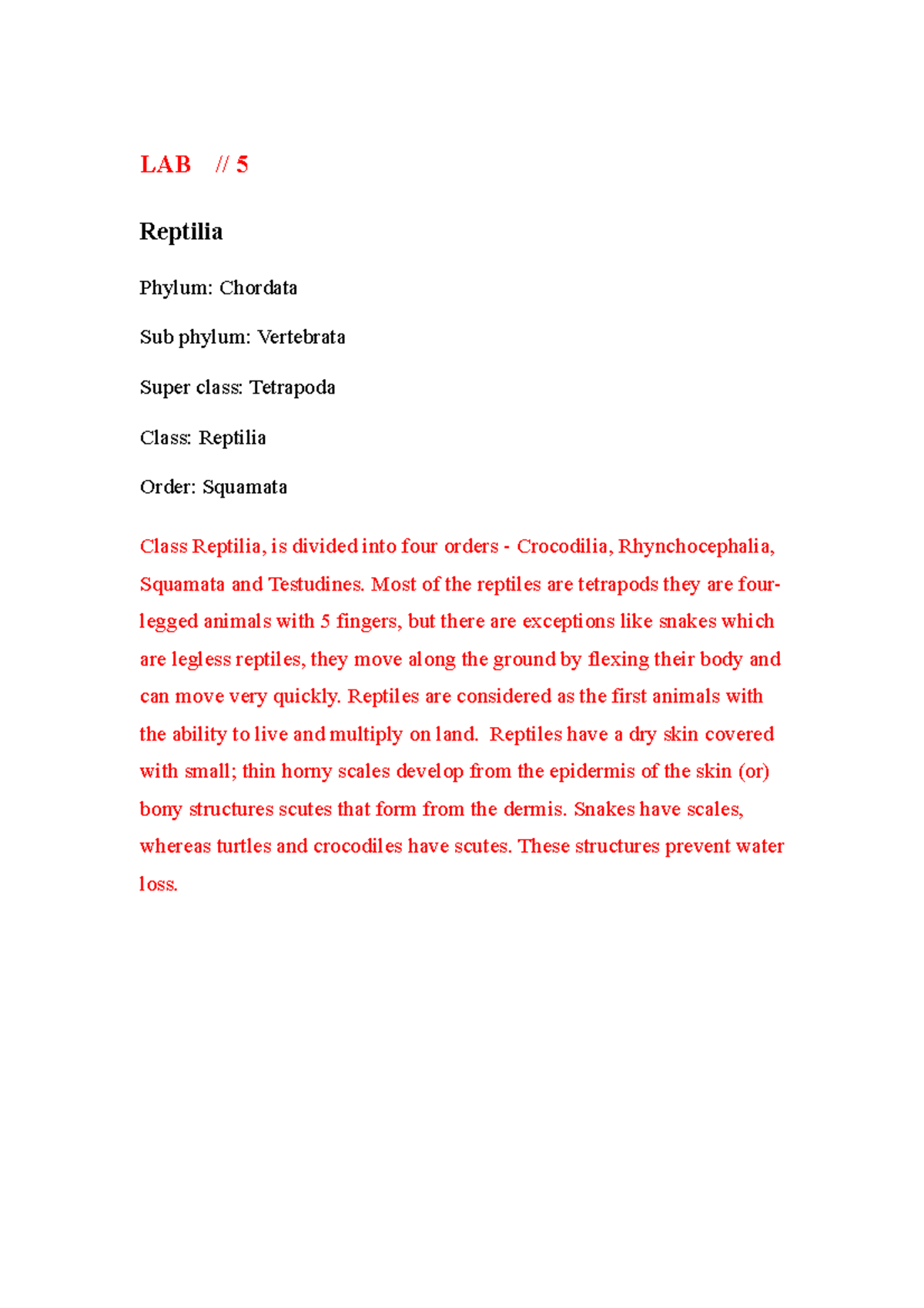 Comparative Anatomy LAB 5 - LAB // 5 Reptilia Phylum: Chordata Sub ...