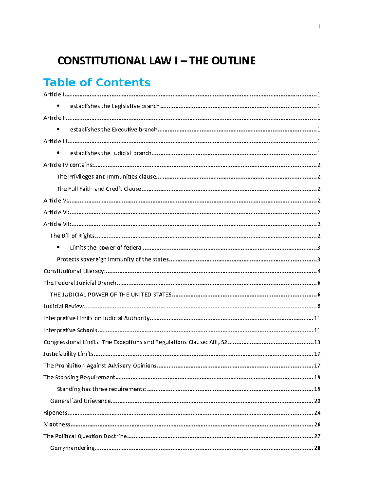 Constitutional Law I - 2020 - CONSTITUTIONAL LAW I – THE OUTLINE Aricle ...