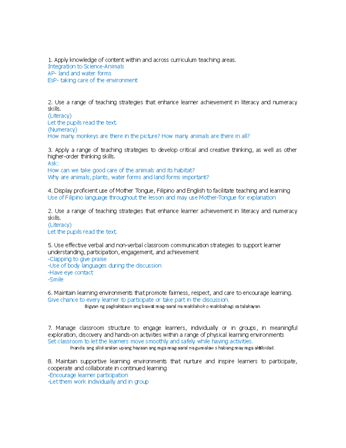Indicators With Samples Apply Knowledge Of Content Within And Across