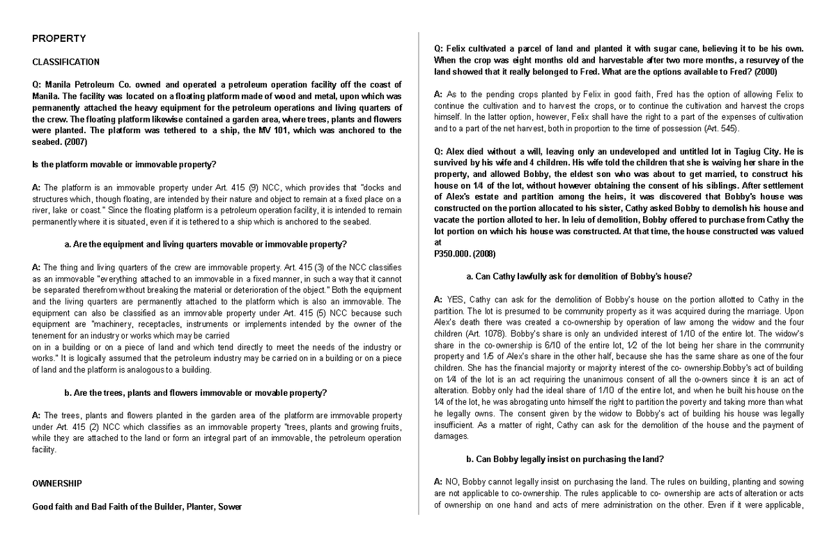 Scribd Reviewer on Law on Property PROPERTY CLASSIFICATION Q