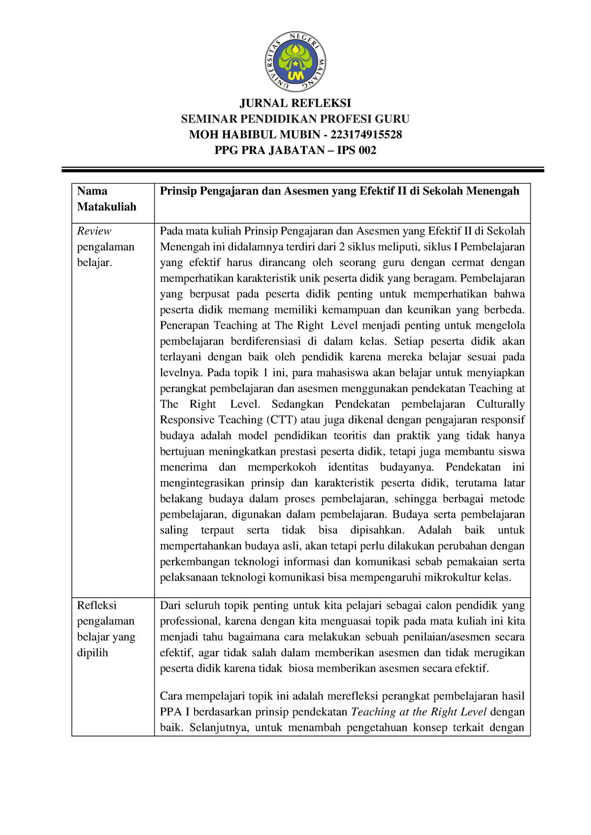 4. Jurnal Refleksi Prinsip Pengajaran Dan Asesmen Yang Efektif II Di ...