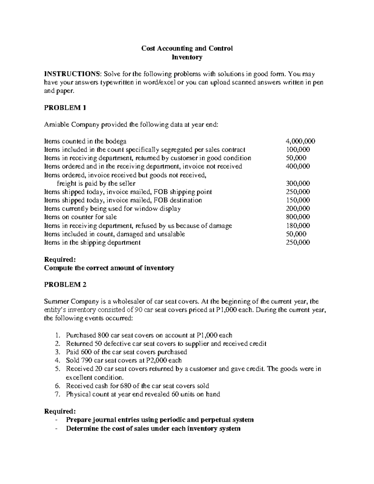 Exercises- Inventory - Cost Accounting and Control Inventory ...