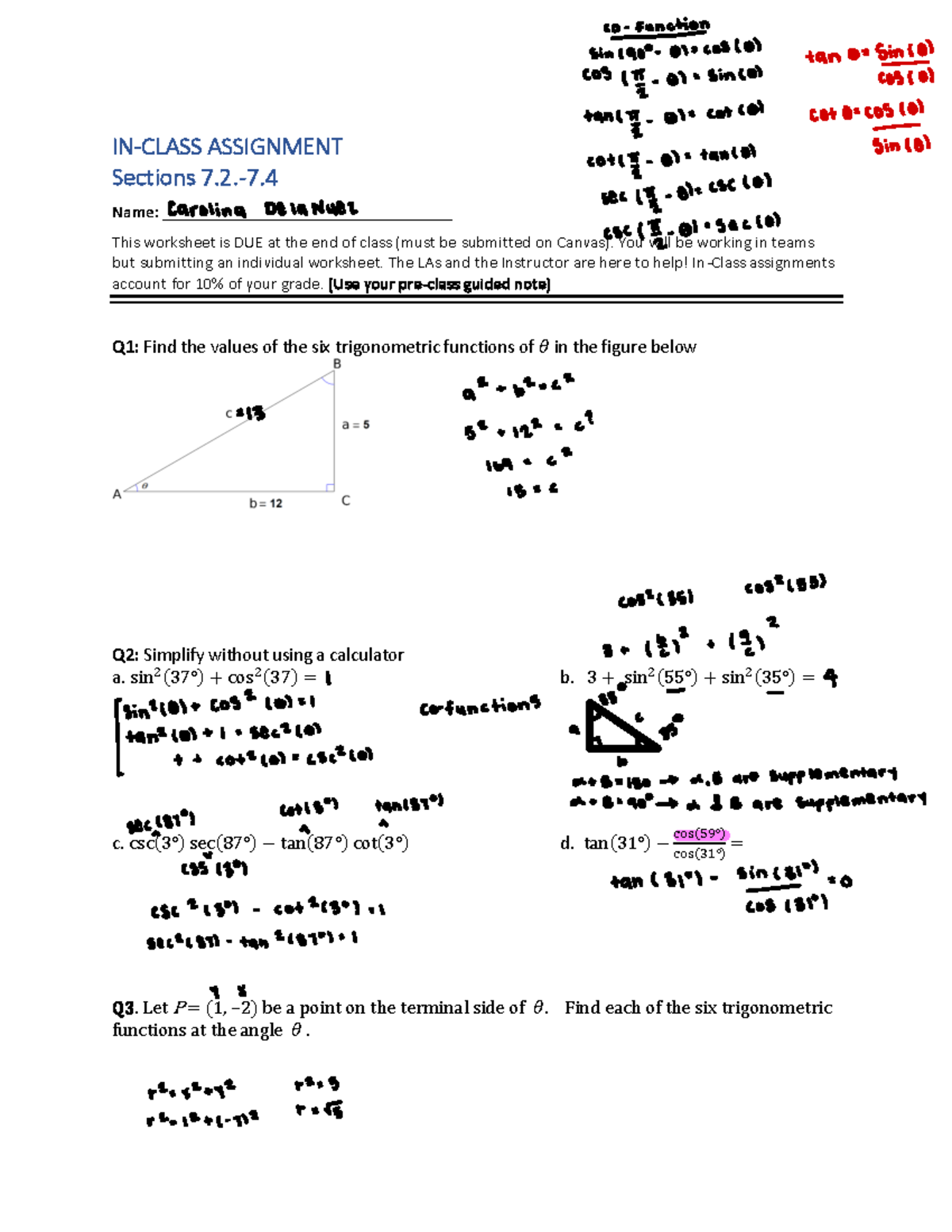 Week 4 In Class notes - IN-CLASS ASSIGNMENT Sections 7. 2 .- 7. 4 Name ...