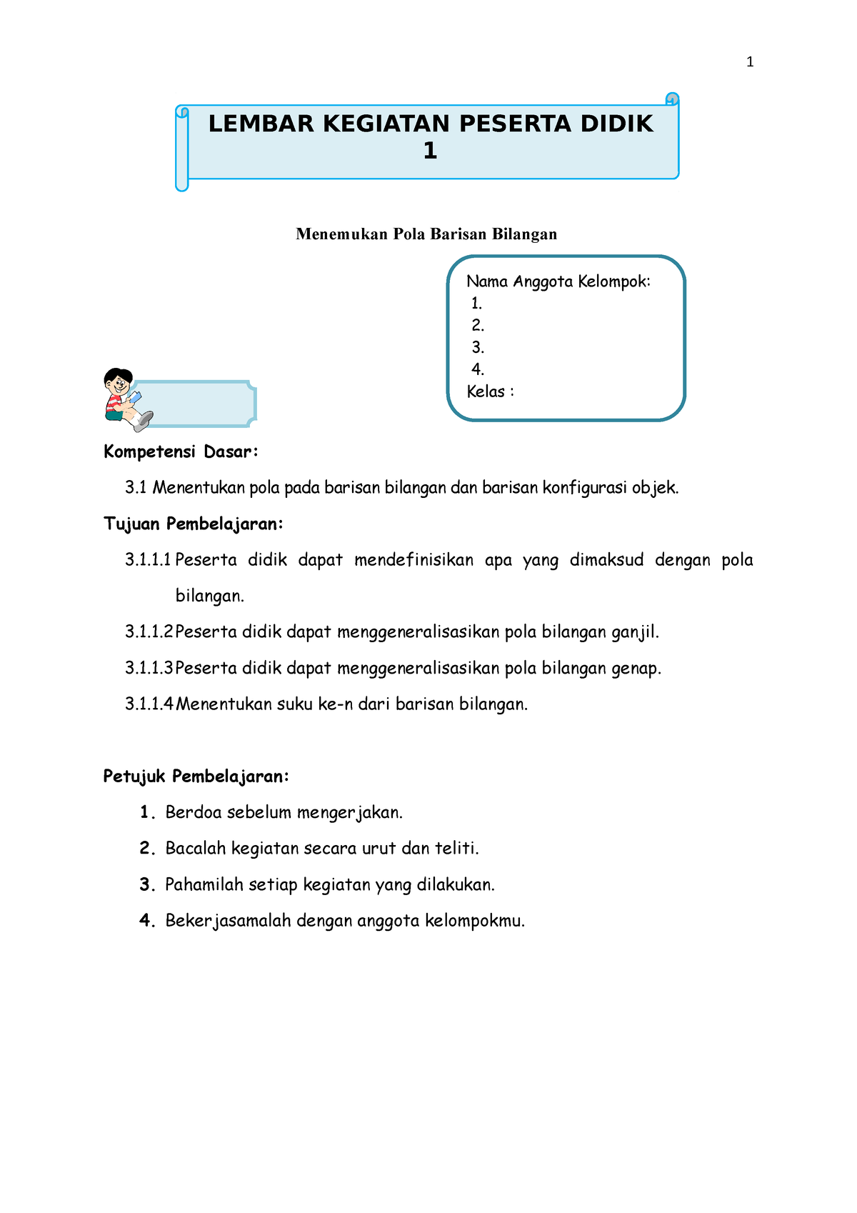 LKPD Pertemuan 1 - For Your Homework - Menemukan Pola Barisan Bilangan ...