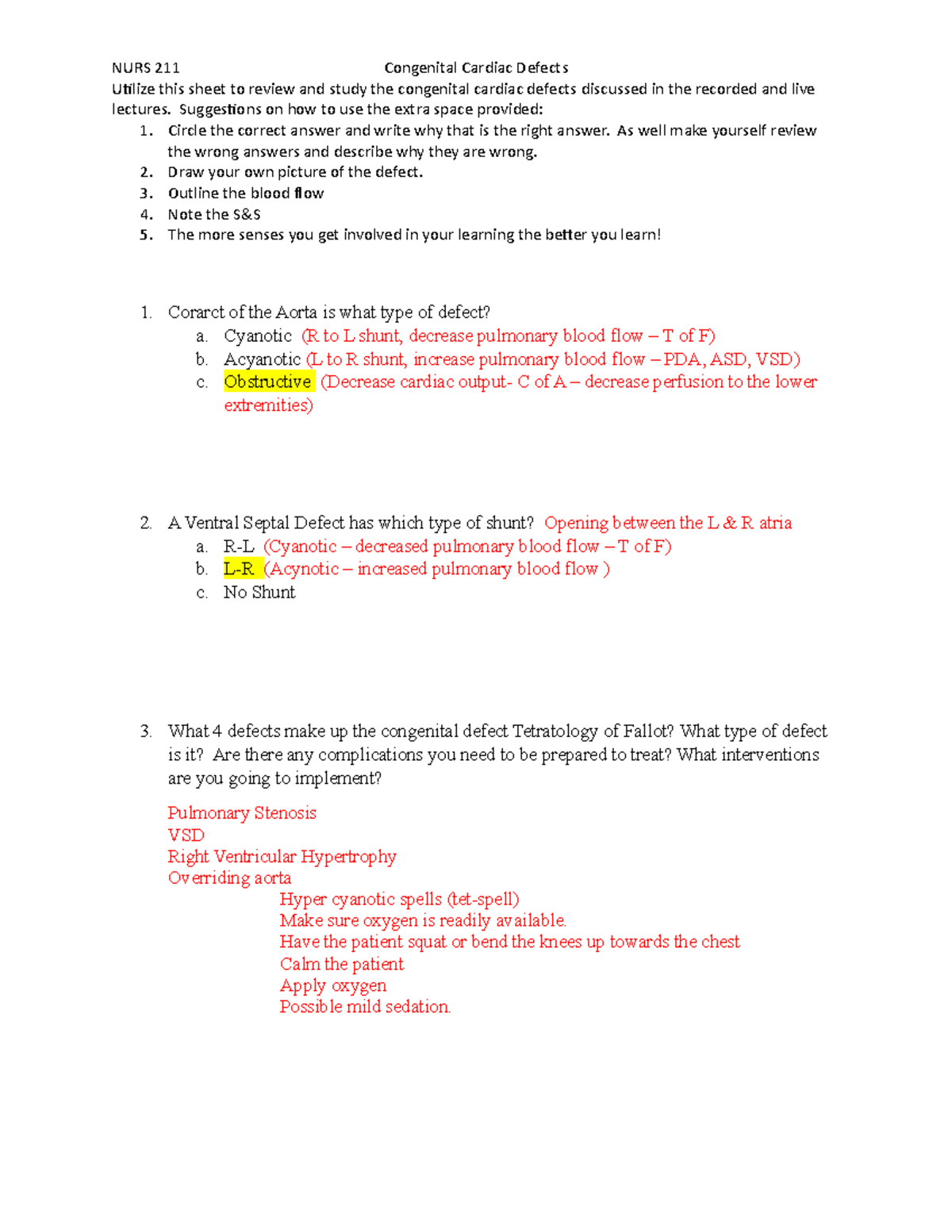 Congenital Cardic Worksheet Key - Nurs 211 Congenital Cardiac Defects 