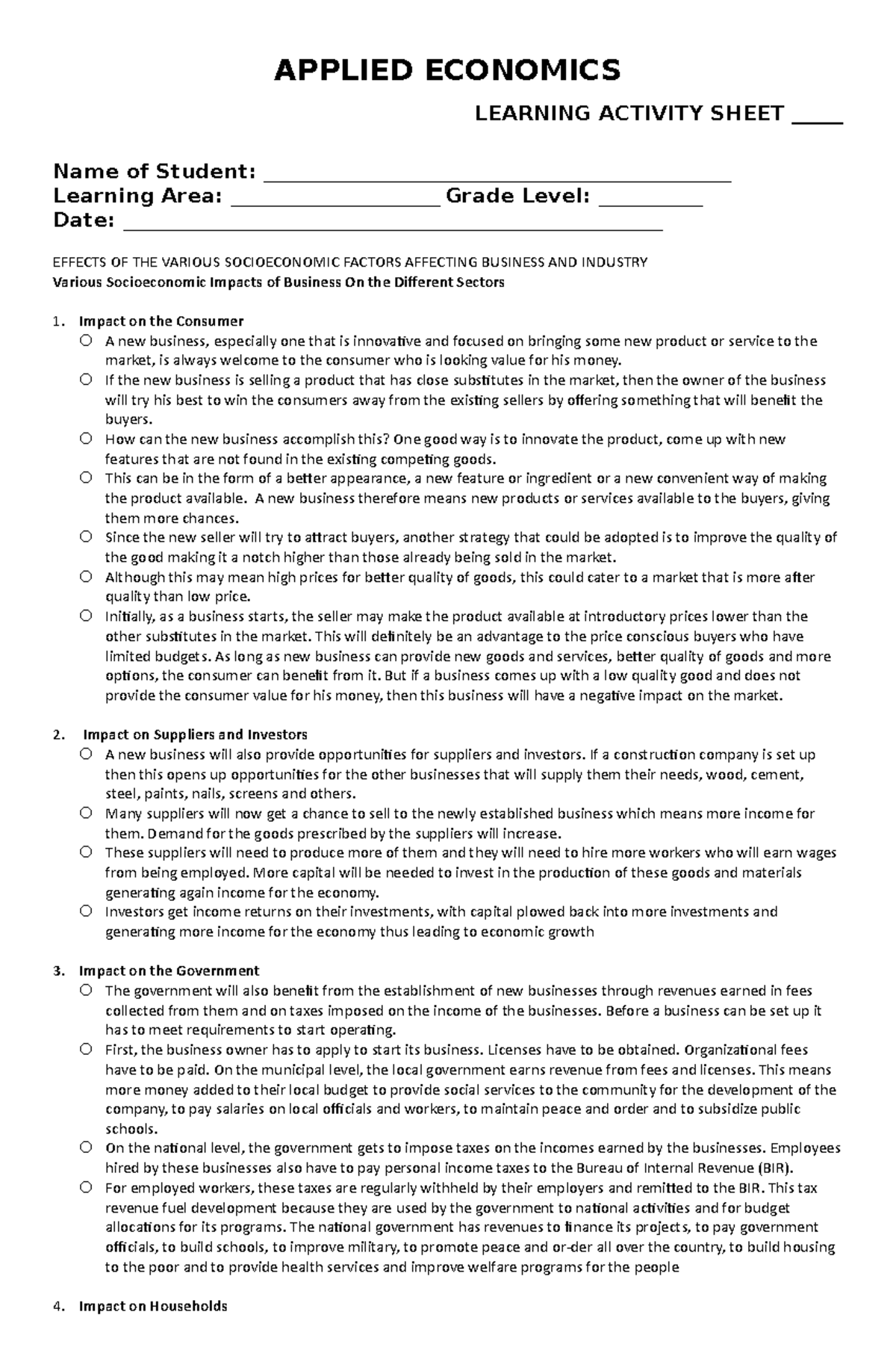 Effects OF THE Various Socioeconomic Factors Affecting Business AND ...