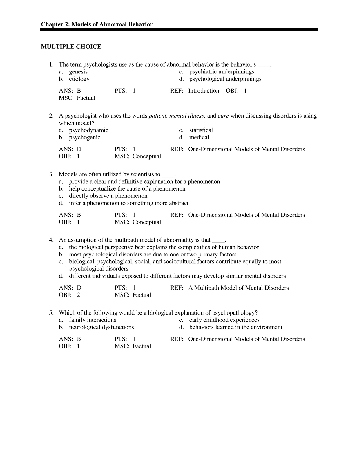 Test-Bank - Practise Questions - Chapter 2: Models Of Abnormal Behavior ...