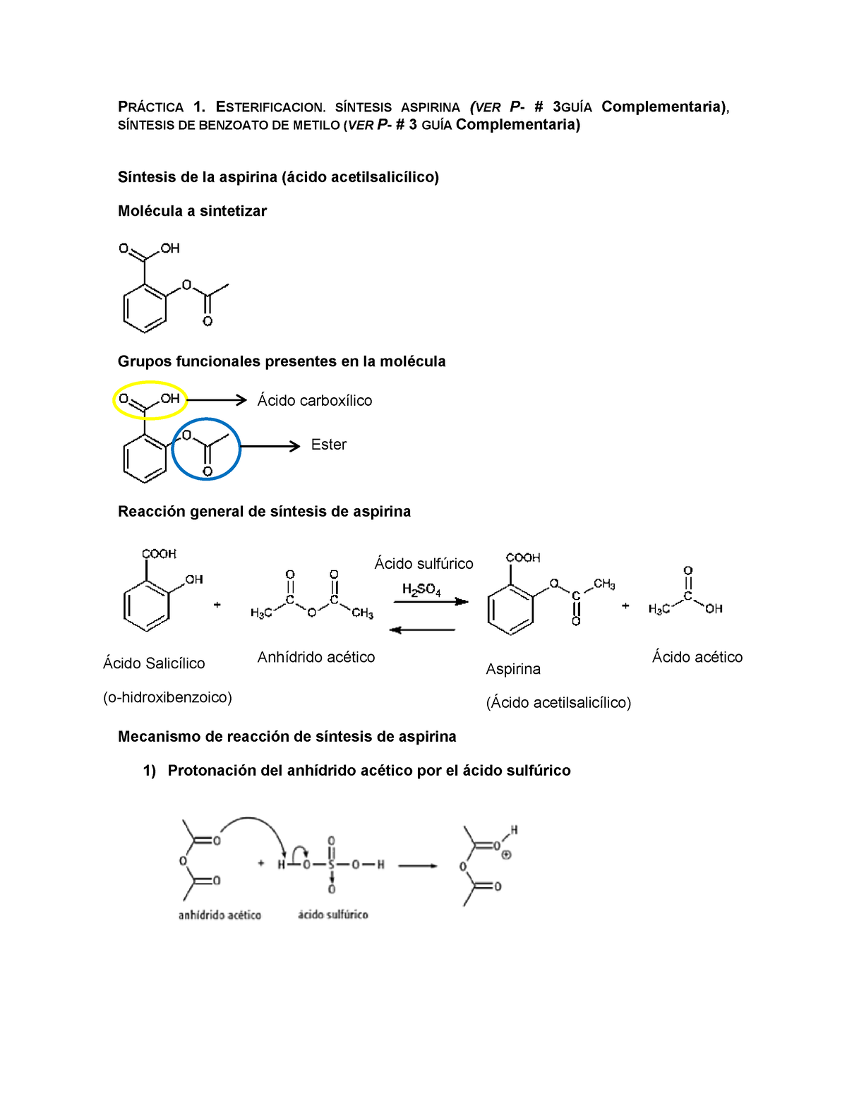 Práctica 1 Esterificación PrÁctica 1 Esterificacion SÍntesis Aspirina Ver P 3guÍa 3711