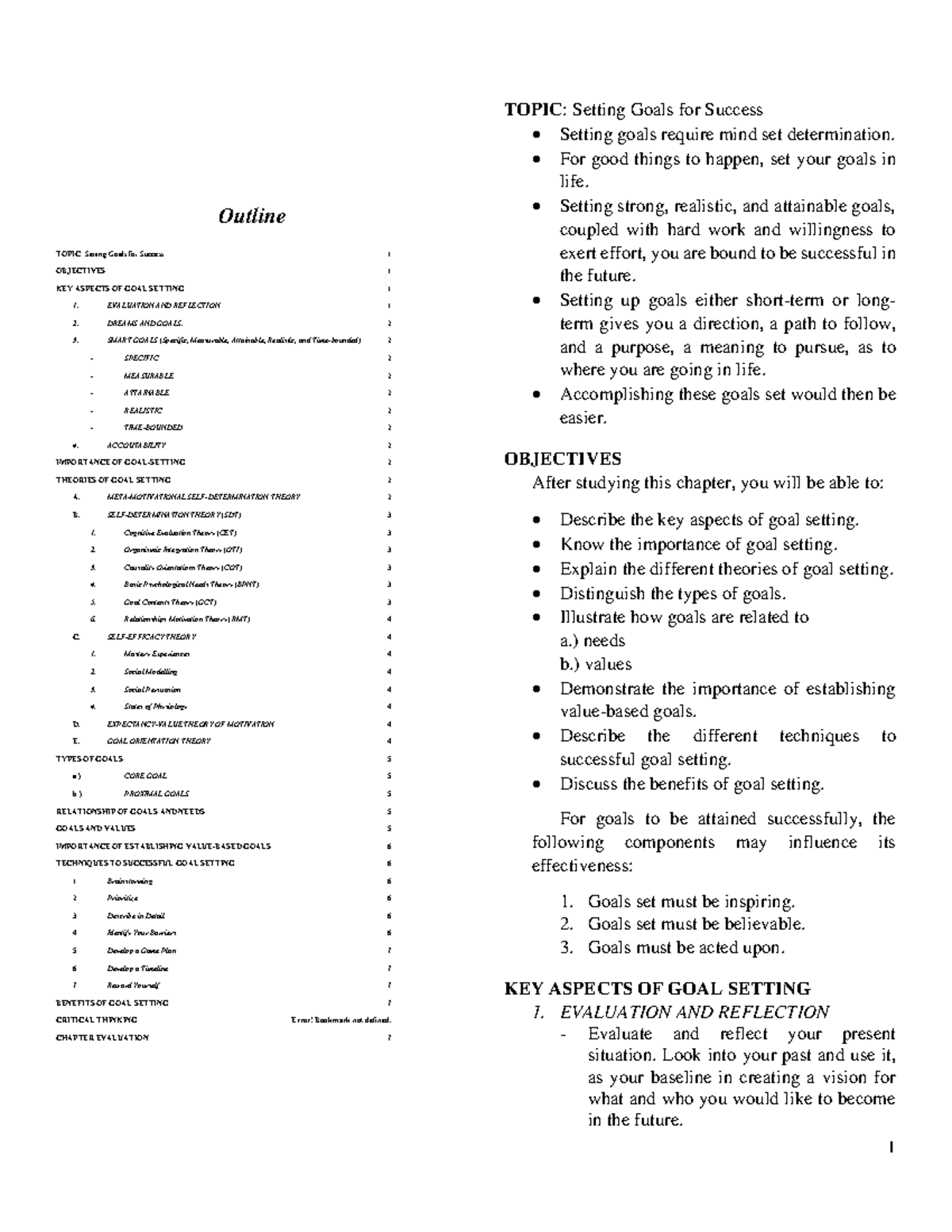 Setting Goals for Success Topic Outline - Pagunawa sa Sarili ...