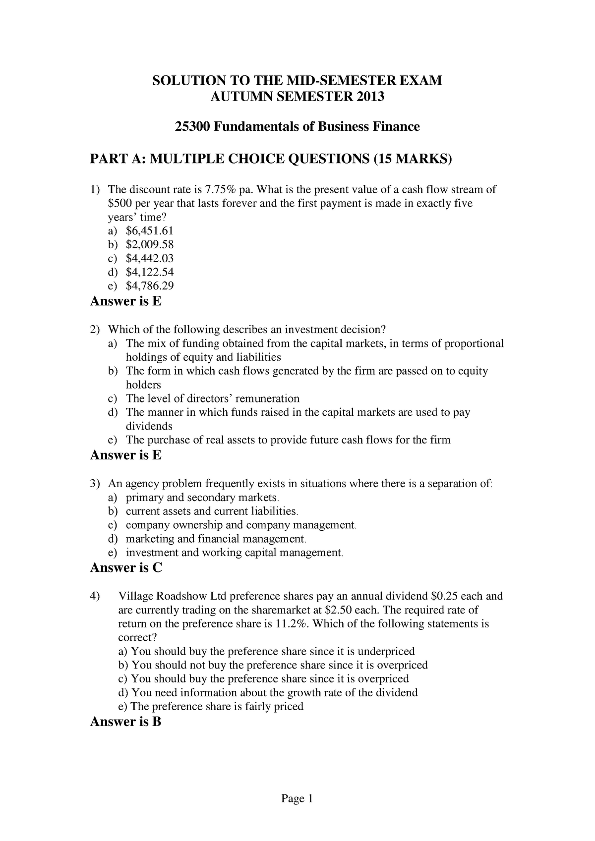 Exam 2013, Questions And Answers - SOLUTION TO THE MID-SEMESTER EXAM ...