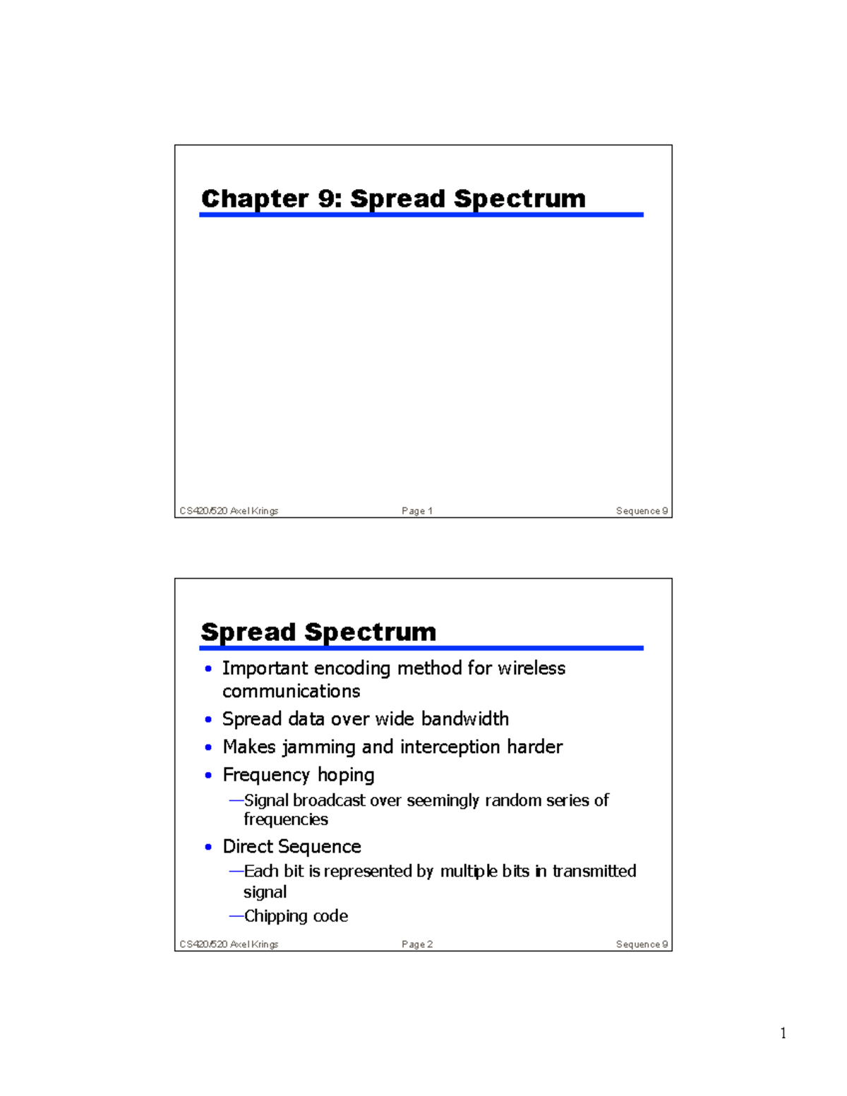 Spread Spectrum - Notes - CS420/520 Axel Krings Page 1 Sequence 9 ...