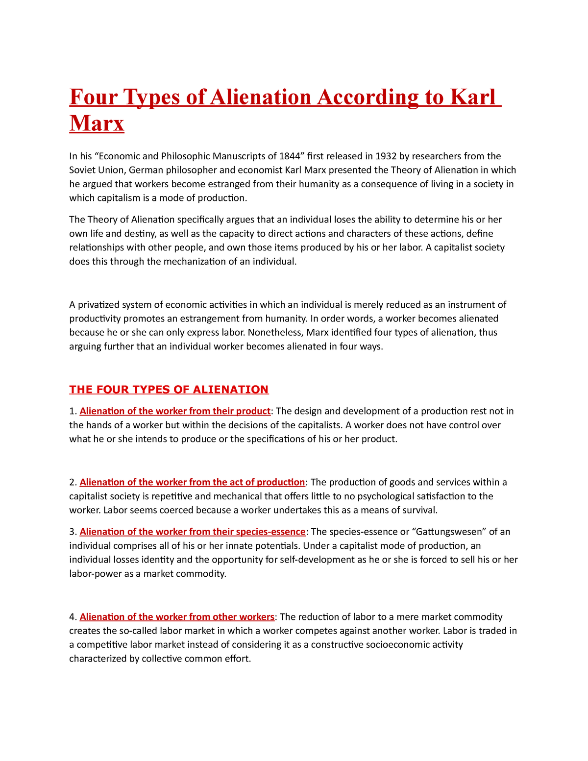 karl marx alienation essay