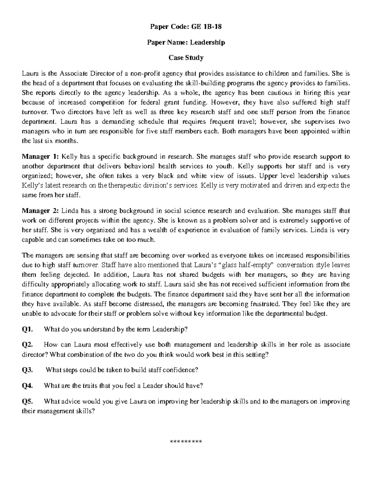 CA 2 Leadership CASE Paper Code GE 1B Paper Name Leadership Case